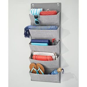 mDesign Soft Fabric Over the Door Hanging Storage Organizer with 5 Large Pockets for Closets in Bedrooms, Hallway, Entryway, Mudroom - Textured Print - Hooks Included - Gray