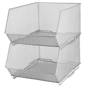 ybm home mesh stacking bin storage containers for kitchen pantry, cabinet and shelves, metal wire basket rack for fruits and veggies, crafts, toys & cleaning items - 2-pack, large 15x11x8 silver