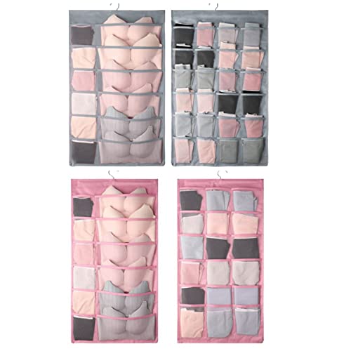 Dual Sided Hanging Closet Mesh Pockets Organizer for Underwear, Stocking, Bra and Sock (2 Packs, Grey: 12+24 Pockets; Pink：12+18 Pockets)