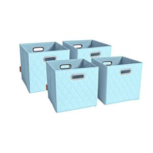 jiaessentials large 13-inch blue foldable diamond patterned faux leather storage cube bins set of four with handles with dual handles for living room, bedroom and office storage