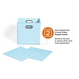 JIAessentials Large 13-inch Blue Foldable Diamond Patterned Faux Leather Storage Cube Bins Set of Four with Handles with Dual Handles for living room, bedroom and office storage