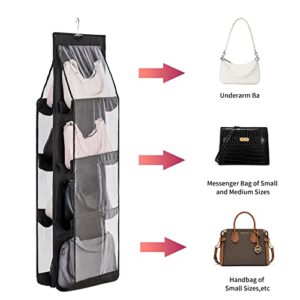 MouJkmer 1 Pack Hanging Purse Organizer, 8 Pocket Handbag Hanging Purse Organizer with 360 Degree Swivel Hook for Home Closet, Bedroom Closet, 43.3” L x 13.38” W (Black)