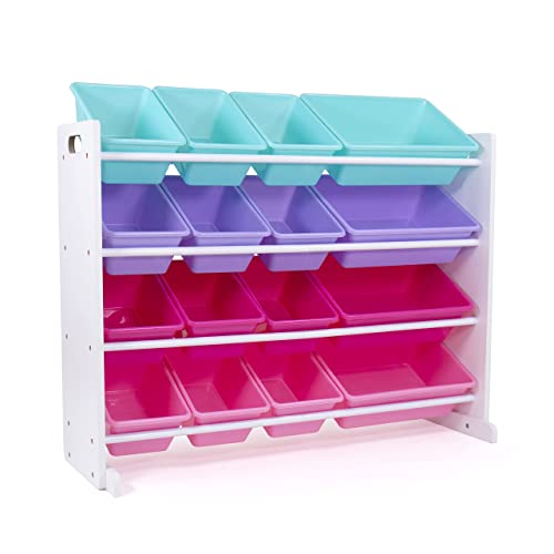 Humble Crew, White/Blue/Pink/Purple Extra-Large Toy Organizer, 16 Storage Bins & Supersized Wood Toy Storage Organizer, Extra Large, Grey/White