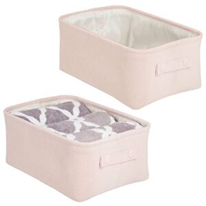 mdesign soft cotton fabric closet storage organizer bin basket with lined interior and attached carrying handles for bathroom vanity, cabinet, shelf, countertop - wide, 2 pack - light pink/blush