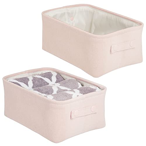 mDesign Soft Cotton Fabric Closet Storage Organizer Bin Basket with Lined Interior and Attached Carrying Handles for Bathroom Vanity, Cabinet, Shelf, Countertop - Wide, 2 Pack - Light Pink/Blush