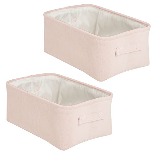 mDesign Soft Cotton Fabric Closet Storage Organizer Bin Basket with Lined Interior and Attached Carrying Handles for Bathroom Vanity, Cabinet, Shelf, Countertop - Wide, 2 Pack - Light Pink/Blush