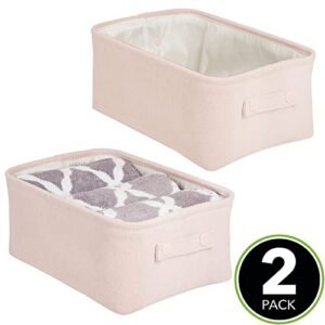 mDesign Soft Cotton Fabric Closet Storage Organizer Bin Basket with Lined Interior and Attached Carrying Handles for Bathroom Vanity, Cabinet, Shelf, Countertop - Wide, 2 Pack - Light Pink/Blush