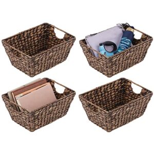 mDesign Natural Woven Hyacinth Closet Storage Organizer Basket Bin for Kitchen Cabinets, Pantry, Bathroom, Laundry Room, Closets, Garage - 4 Pack - Dark Brown