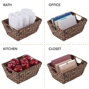 mDesign Natural Woven Hyacinth Closet Storage Organizer Basket Bin for Kitchen Cabinets, Pantry, Bathroom, Laundry Room, Closets, Garage - 4 Pack - Dark Brown