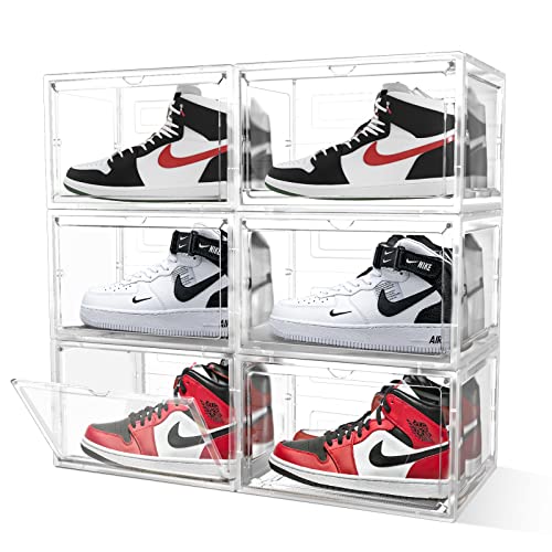 MUGEYMYD Large Shoe Organizer Box,6 Packs Sturdy Clear Plastic Stackable Shoe storage, Shoe Containers Bins for Sneaker Display, Easy Assembly, Fit up to US Size 13 (white)