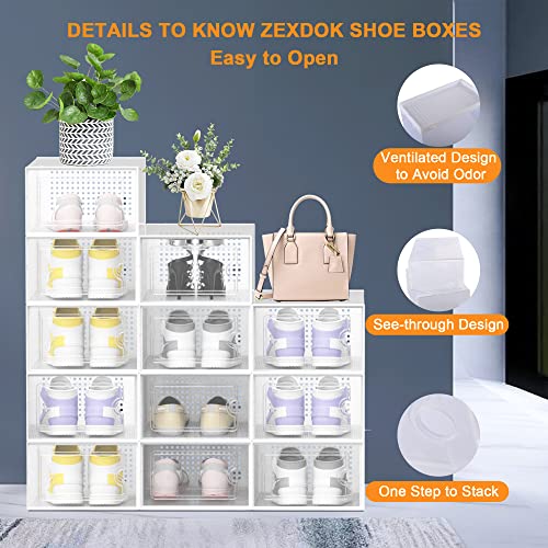 ZEXDOK Shoe Boxes Clear Plastic Stackable, 6 Pack Shoe Storage Boxes for Closet Small Space, Foldable Sneaker Storage Boxes, Under Bed Shoe Storage Containers for Entryway, Closet Floor, Drop Front