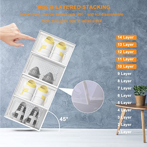 ZEXDOK Shoe Boxes Clear Plastic Stackable, 6 Pack Shoe Storage Boxes for Closet Small Space, Foldable Sneaker Storage Boxes, Under Bed Shoe Storage Containers for Entryway, Closet Floor, Drop Front