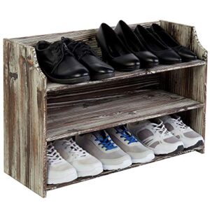 mygift 3 tier rustic torched wood wall mounted/freestanding entryway shoe rack storage shelves, closet organizer shelf