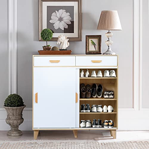 DEYAOPUPU Shoe Cabinet with Drawers and Sliding Doors,5-Tier Free Standing Shoe Rack for Entryway,Modern Shoe Storage Organizer