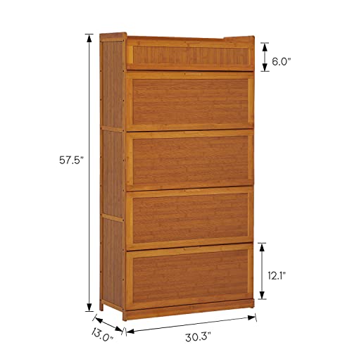 MoNiBloom Bamboo 9-Tier Shoe Organizer Modern Cabinet with Pull-Down Door 36-Pair Heels Boots Freestanding, Entryway, Brown