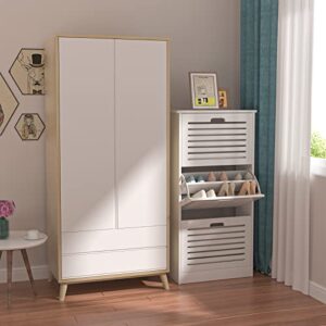 3 Flip Drawers Shoe Cabinet, Wooden Freestanding Shoe Rack, White Shoe Storage Cabinet for Entryway, Living Room, and Corridor