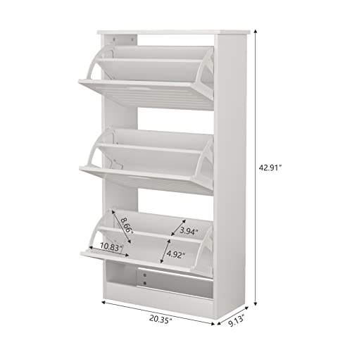 3 Flip Drawers Shoe Cabinet, Wooden Freestanding Shoe Rack, White Shoe Storage Cabinet for Entryway, Living Room, and Corridor