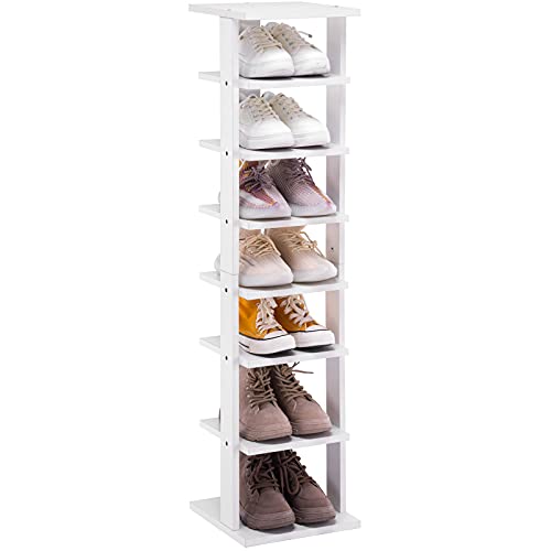 YOUDENOVA 7 Tiers Vertical Shoe Rack, Wooden Shoe Storage Stand, Space Saving Vertical Shoe Organizer, Entryway Shoes Tower, Modern Shoe Rack Organizer