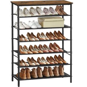tutotak shoe rack 7 tier, narrow shoe organizer for closet entryway, with 6 fabric shelves and top for bags, shoe shelf, steel frame, industrial, rustic brown and black sr01bb023