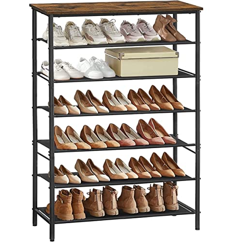 TUTOTAK Shoe Rack 7 Tier, Narrow Shoe Organizer for Closet Entryway, with 6 Fabric Shelves and Top for Bags, Shoe Shelf, Steel Frame, Industrial, Rustic Brown and Black SR01BB023