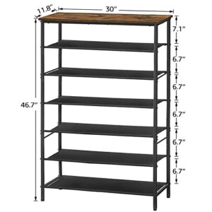 TUTOTAK Shoe Rack 7 Tier, Narrow Shoe Organizer for Closet Entryway, with 6 Fabric Shelves and Top for Bags, Shoe Shelf, Steel Frame, Industrial, Rustic Brown and Black SR01BB023