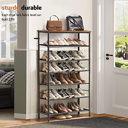 TUTOTAK Shoe Rack 7 Tier, Narrow Shoe Organizer for Closet Entryway, with 6 Fabric Shelves and Top for Bags, Shoe Shelf, Steel Frame, Industrial, Rustic Brown and Black SR01BB023