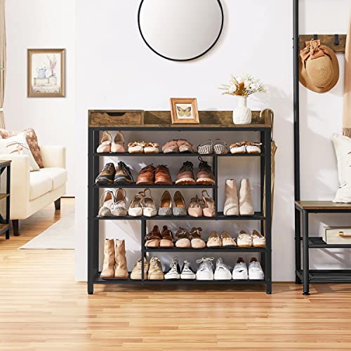 Yaheetech Shoe Rack with Storage Box, Multi-Layer Shoe Storage Cabinet, Industrial Shoe Organizer with Storage Shelves and Wood Top for Hallway, Entryway, Rustic Brown