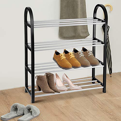 OKJHFD 3 Tier Aluminum Shoe Rack Standing Shoe Organizer Shoe Storage Cabinet Entryway Bathroom Hallway Living Room (Black)(Size 4)