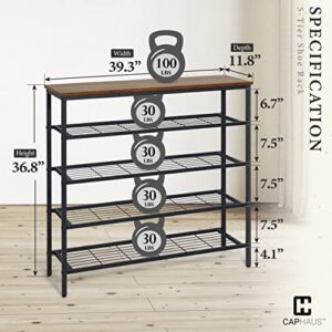 CAPHAUS 5-Tier Shoe Rack for Entryway, Industrial Shoe Storage Organizer, Large Shoe Shelf with Wood Board and Metal Mesh Shelves, Storage Table for Hallway, Living Room, Bedroom, Closet, Rustic Oak