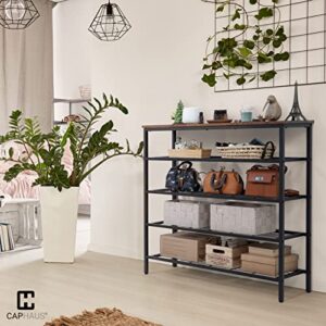 CAPHAUS 5-Tier Shoe Rack for Entryway, Industrial Shoe Storage Organizer, Large Shoe Shelf with Wood Board and Metal Mesh Shelves, Storage Table for Hallway, Living Room, Bedroom, Closet, Rustic Oak