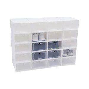 xuaniiil 12/24 pack stackable shoe box set, plastic clear medium/large size foldable shoe storage boxes home organizer for closet shoe holder rack containers with lids (white, standard size, 20pcs)