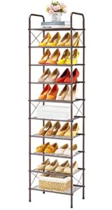 tajsoon 10-tier shoe rack organizer, narrow shoe rack for closet entryway, metal mesh shoe storage shelf with x shape fixed frame, bronze