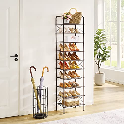 Tajsoon 10-Tier Shoe Rack Organizer, Narrow Shoe Rack for Closet Entryway, Metal Mesh Shoe Storage Shelf with X Shape Fixed Frame, Bronze