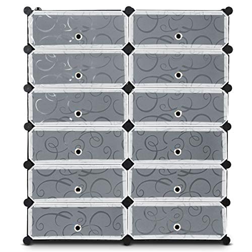 HAPPYGRILL Shoe Rack 12-Cube DIY Modular Plastic Cabinet Storage Organizer with Doors 6-Tier Shelving Bookcase Storage Unit Closet