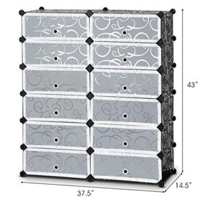 HAPPYGRILL Shoe Rack 12-Cube DIY Modular Plastic Cabinet Storage Organizer with Doors 6-Tier Shelving Bookcase Storage Unit Closet