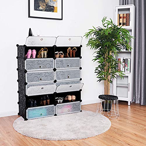 HAPPYGRILL Shoe Rack 12-Cube DIY Modular Plastic Cabinet Storage Organizer with Doors 6-Tier Shelving Bookcase Storage Unit Closet