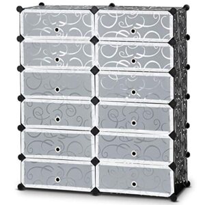 HAPPYGRILL Shoe Rack 12-Cube DIY Modular Plastic Cabinet Storage Organizer with Doors 6-Tier Shelving Bookcase Storage Unit Closet