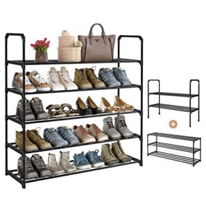 cazyhome 5 tiers shoe rack, stackable metal large shoe organizer, easy installation detachable, 20 to 25 pairs shoes, storage shoe shelf for bedroom, closet, entryway, black