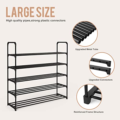 CazyHome 5 Tiers Shoe Rack, Stackable Metal Large Shoe Organizer, Easy Installation Detachable, 20 to 25 Pairs Shoes, Storage Shoe Shelf for Bedroom, Closet, Entryway, Black