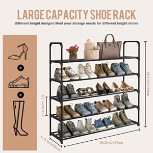 CazyHome 5 Tiers Shoe Rack, Stackable Metal Large Shoe Organizer, Easy Installation Detachable, 20 to 25 Pairs Shoes, Storage Shoe Shelf for Bedroom, Closet, Entryway, Black