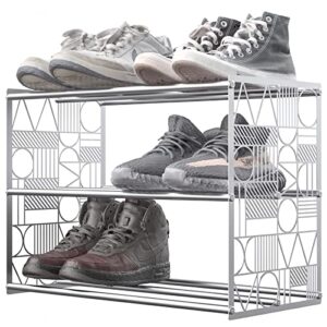 nihome silver 3-tier shoe rack - geometric patterned multi-layered organizer for small spaces with 6 pair storage capacity, ideal for closets, hallways, entryways, living rooms and bedrooms