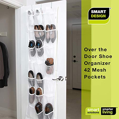 Smart Design Over-The-Door Organizer w/ 42 Pockets w/Elastic Trim & Hanging Hooks - VentilAir Mesh Fabric - Shoes, Pantry, Closet Storage - Home Organization (21 x 73 Inch) [White]