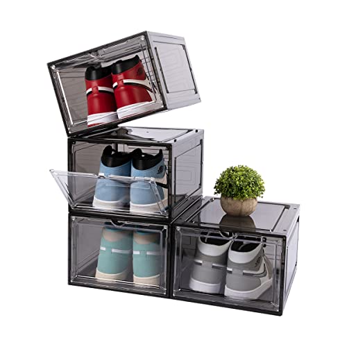 U-LIAN 4 Pack Large Hard Plastic Shoe Boxes, Black Drop Front Shoe Storage Box Stackable, XL Shoe Containers Size 13, Sturdy Sneakers Storage Box for Display, Storage, 13.5 x 10.6 x 7.4 inches