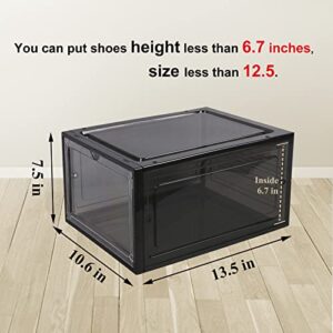 U-LIAN 4 Pack Large Hard Plastic Shoe Boxes, Black Drop Front Shoe Storage Box Stackable, XL Shoe Containers Size 13, Sturdy Sneakers Storage Box for Display, Storage, 13.5 x 10.6 x 7.4 inches