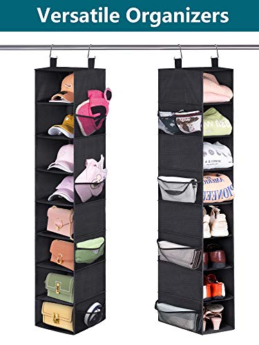 AOODA 8-Shelf Hanging Shoe Rack for Closet Organizer with 8 Mesh Side Pockets Wide Hanging Shoe Storage Holder For Hat, Clothes, Handbag, Black