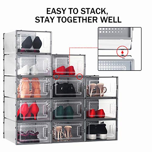 eWonLife Shoe Storage Box 12 Pack, Plastic Clear Stackable Shoe Organizer with Lids, Stacking Shoe Container For Women and Men, Bedrooms, Bathrooms, Closet (Need Assembly)