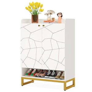 little tree white and gold 5-tier shoe cabinet with storage, 2-door shoes organizer cabinets for entryway
