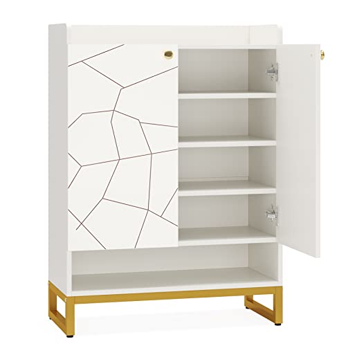 LITTLE TREE White and Gold 5-Tier Shoe Cabinet with Storage, 2-Door Shoes Organizer Cabinets for Entryway