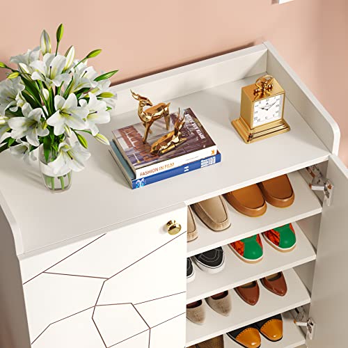 LITTLE TREE White and Gold 5-Tier Shoe Cabinet with Storage, 2-Door Shoes Organizer Cabinets for Entryway