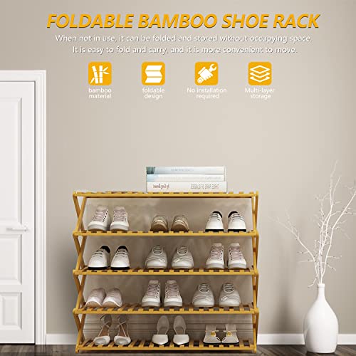 SAISN 5 Tier Wooden Shoe Rack Bamboo Shoes Storage Shelf Stackable Shoe Organizer Racks Multifunctional Free Standing Shoe Shelf Free Installation Foldable Shoe Stand for Entryway Hallway (Natural)